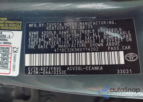 2006 Toyota Camry Le из США, поврежденный, VIN 4T1BE32K06U114202